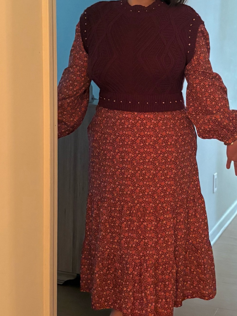 Anthropologie Wine and Rust Floral Long-Sleeve Midi Dress